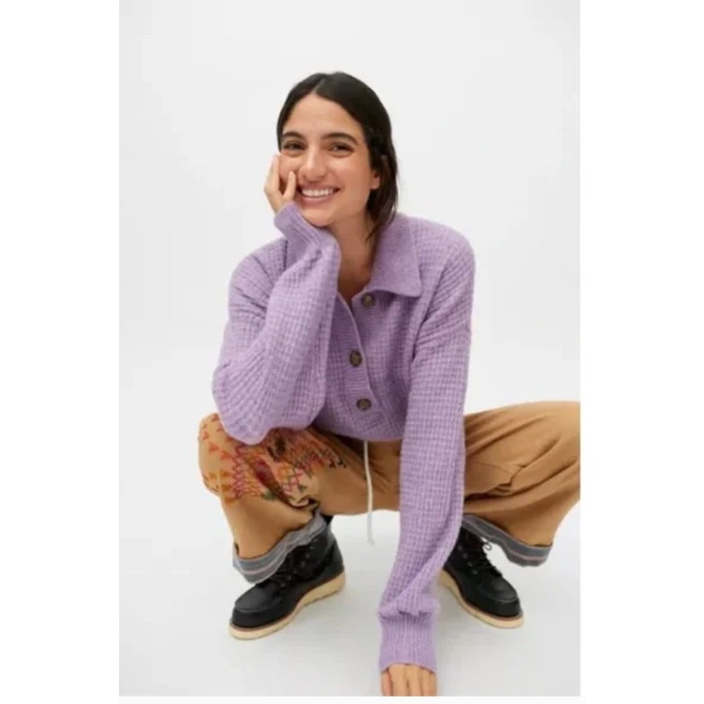 BDG Sweater Women Small Purple Polo Zephyr Waffle Knit Button‎ Collared Boho